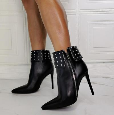 Black Lace-up Rivet Fashion High-heeled Women's Ankle Boots