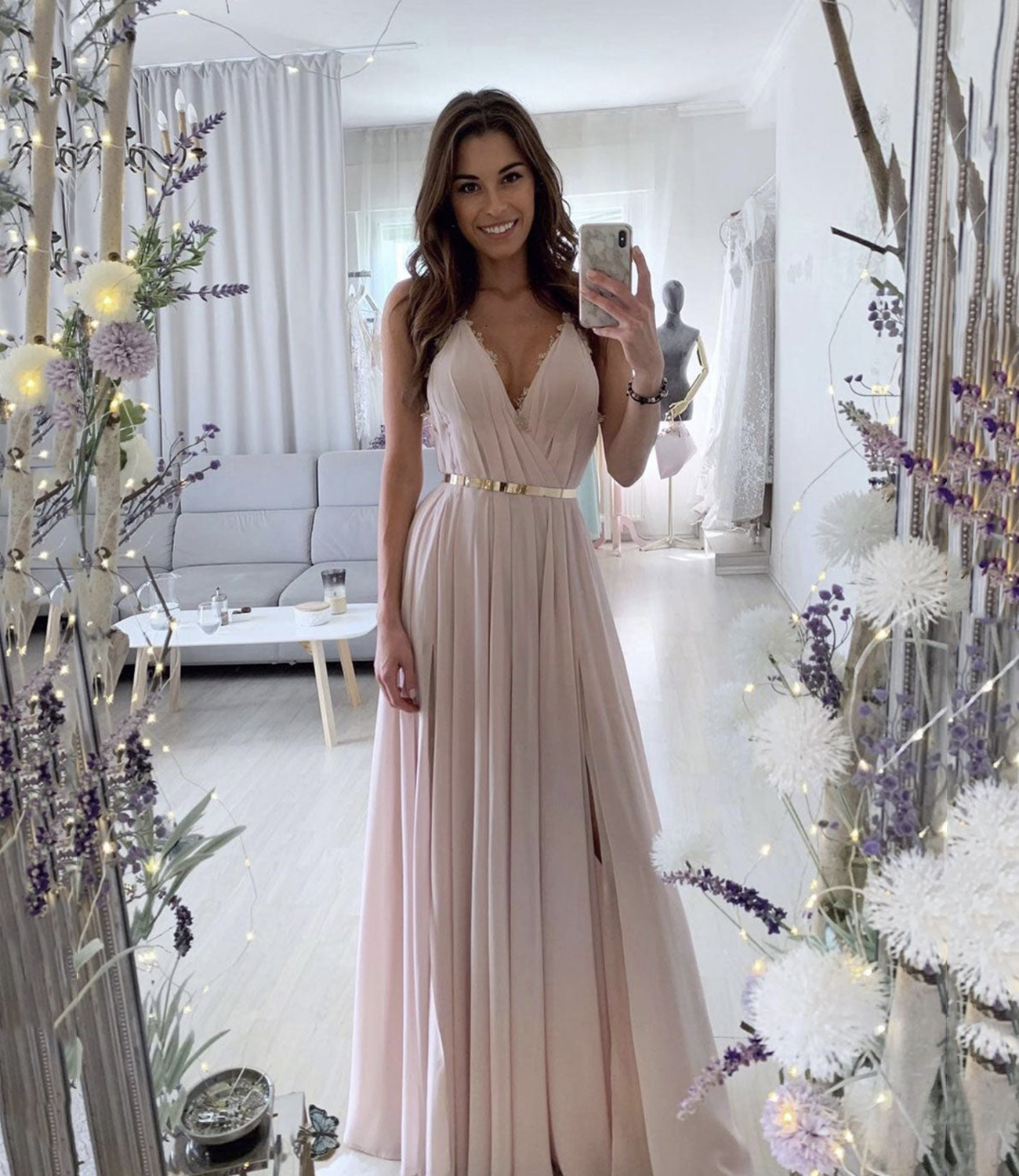 Pink chioffn lace long prom dress A line evening dress