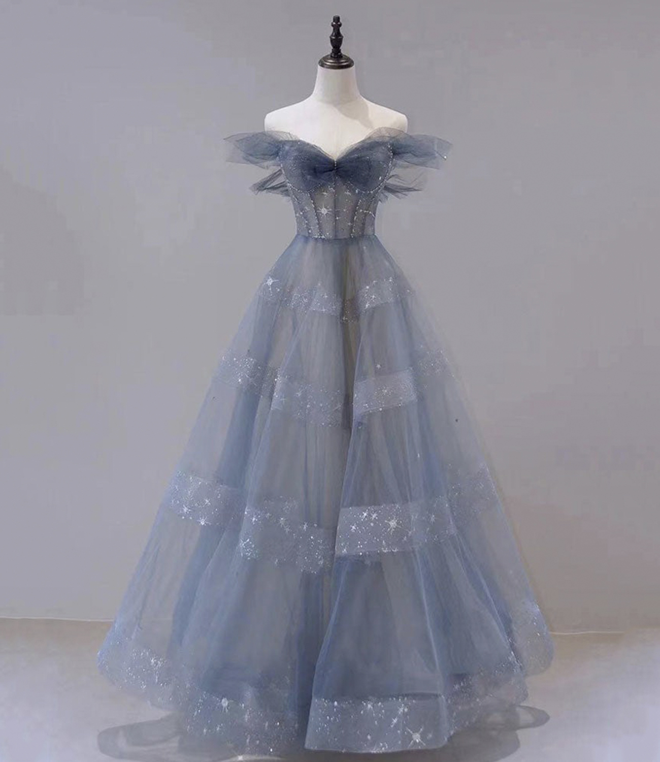 Blue tulle long A line prom dress blue evening dress