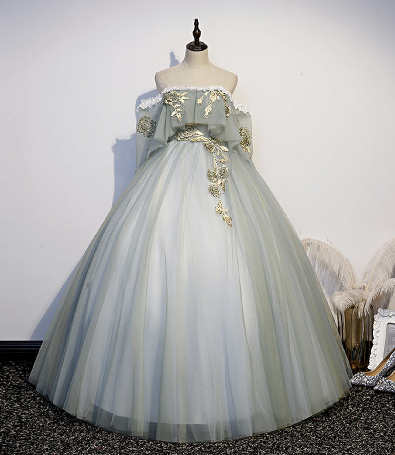 Green tulle lace long prom dress A line evening gown