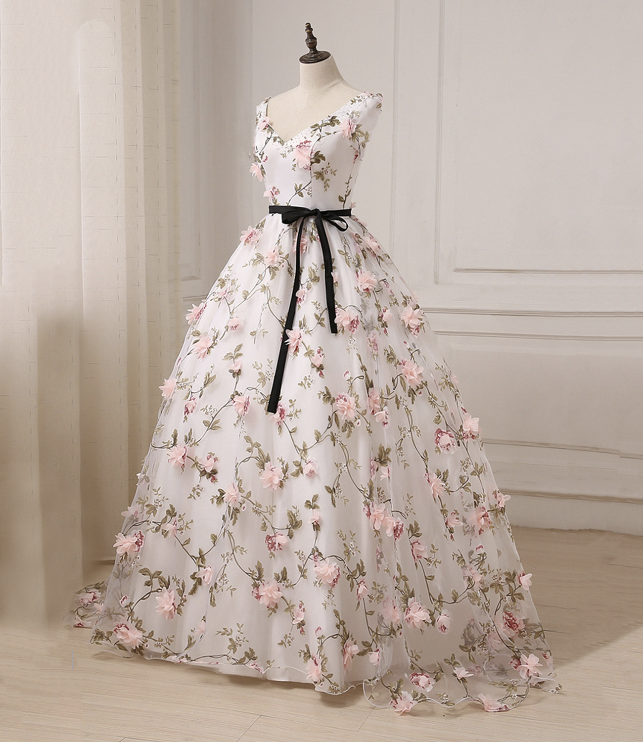 White tulle 3D floral long prom dress A line evening dress