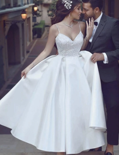 Ankle Length Wedding Dresses Bridal Gown with Lace Appliques