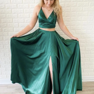 Two piece green prom dresses with pockets - Thumbnail 2