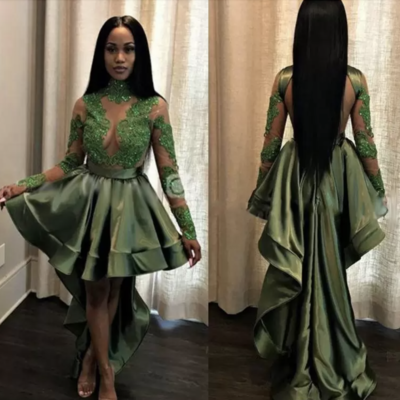 Olive green hi low prom dresses homecoming dresses - Thumbnail 4