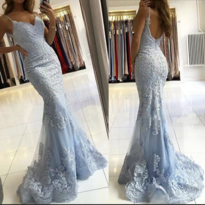 Sky blue prom dresses with appliques lace - Thumbnail 3