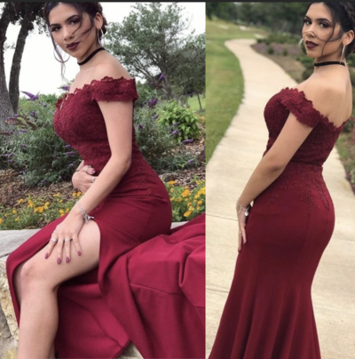 Off Shoulder Burgundy Backless Prom Dresses