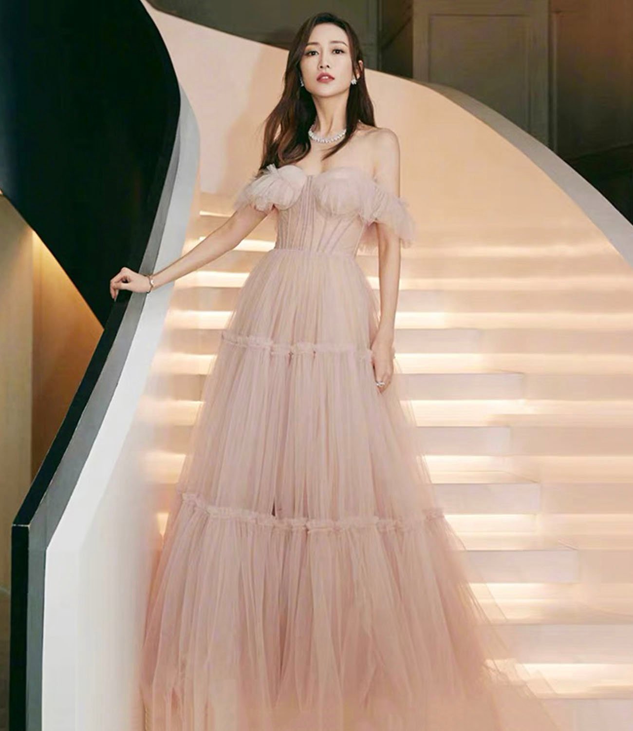 Pink tulle long prom dress A line evening dress