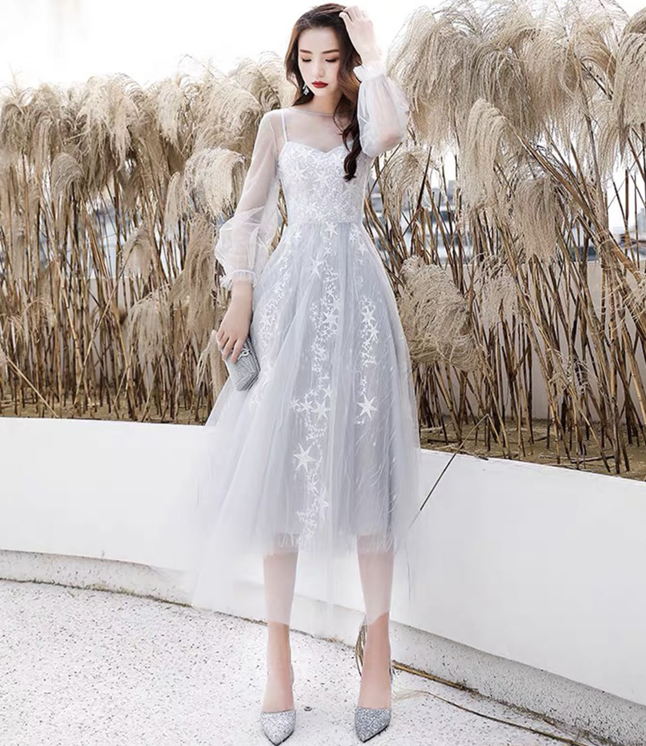 Gray tulle short prom dress A line evening dress