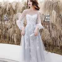 Gray tulle short prom dress A line evening dress - Thumbnail 1