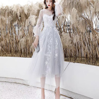 Gray tulle short prom dress A line evening dress - Thumbnail 5