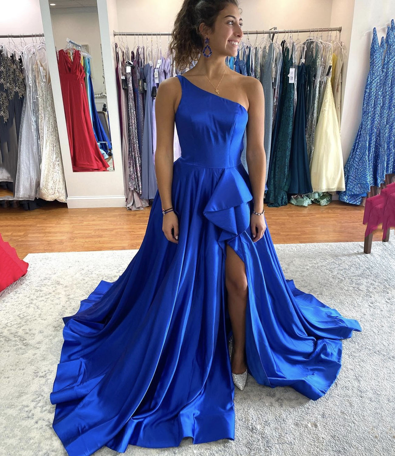Blue satin long prom dress one shoulder evening dress