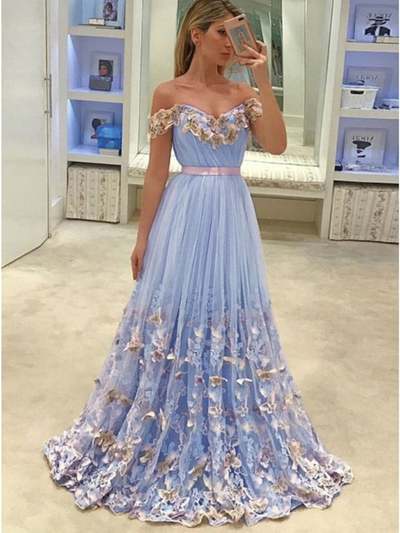 SP1958,Off-the-Shoulder Tulle Butterfly Appliques Long Prom Dresses