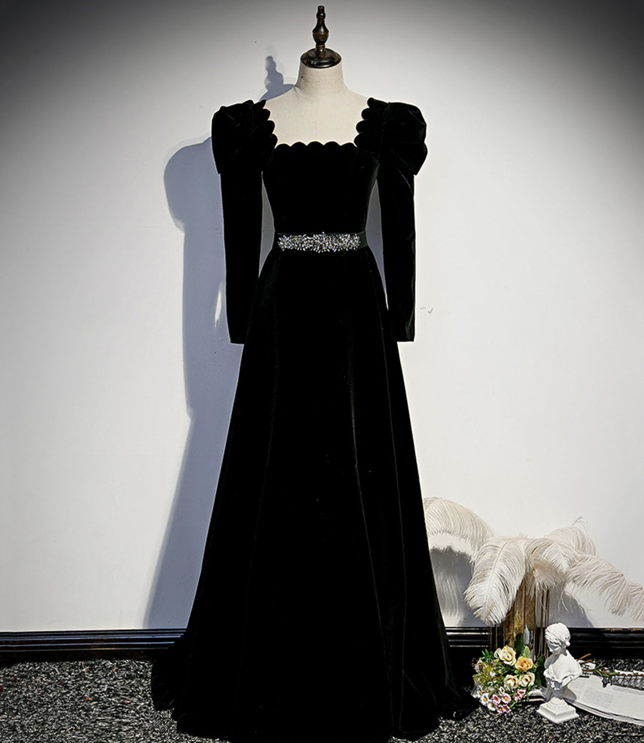 Black velvet long prom dress A line evening dress