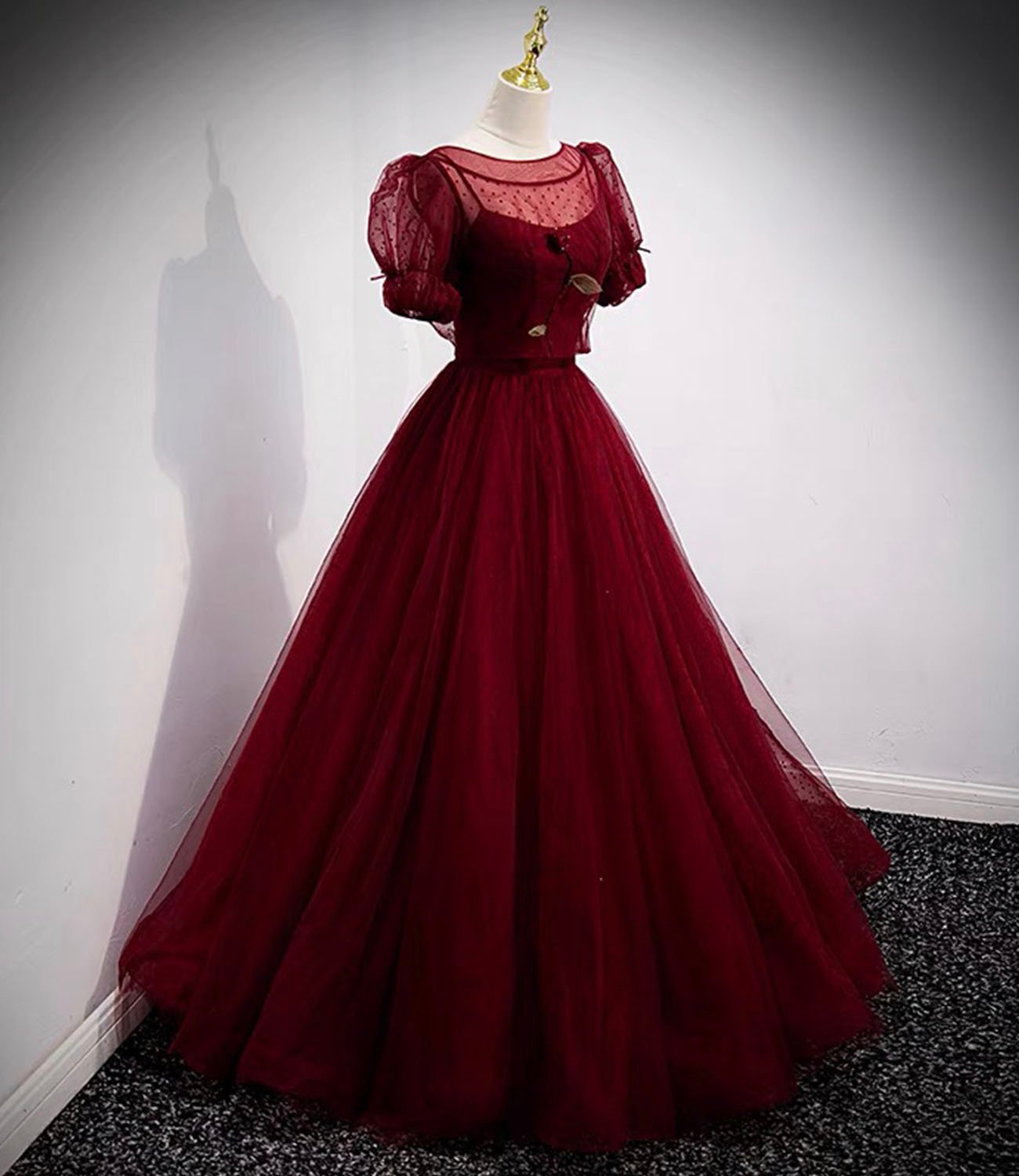 Burgundy tulle long prom dress two pieces evening dress