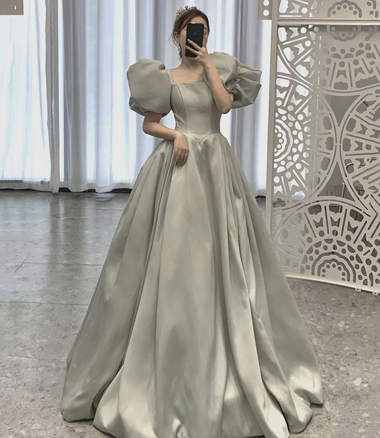 Cute satin long ball gown dress A line formal dress