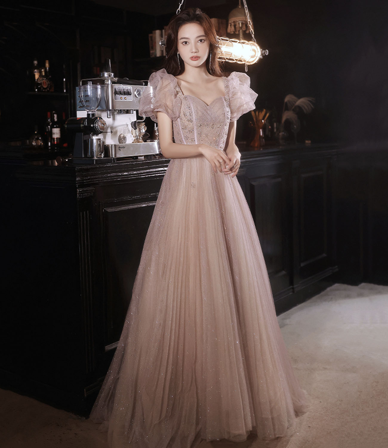 Pink tulle beads long prom dress A line evening dress