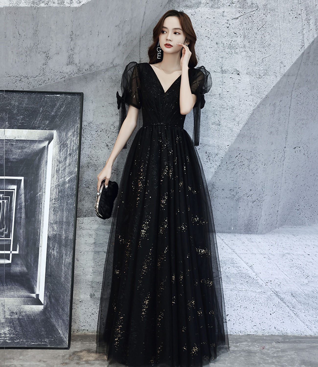 Black v neck tulle long prom dress A line evening dress