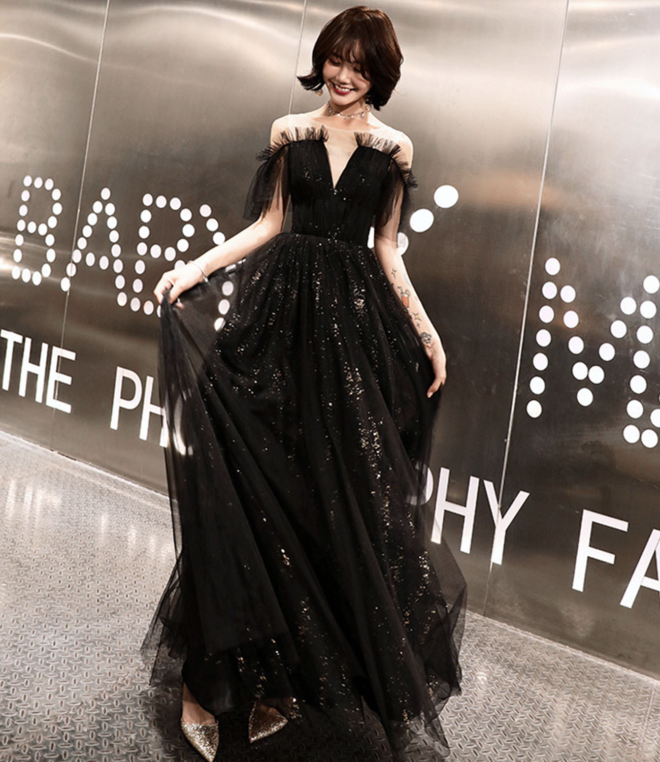 Black tulle long prom dress A line evening dress
