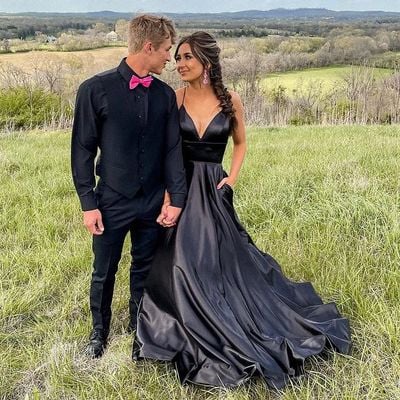 Simple a-line v neck black satin long prom dresses with cross back evening dresses - Thumbnail 1