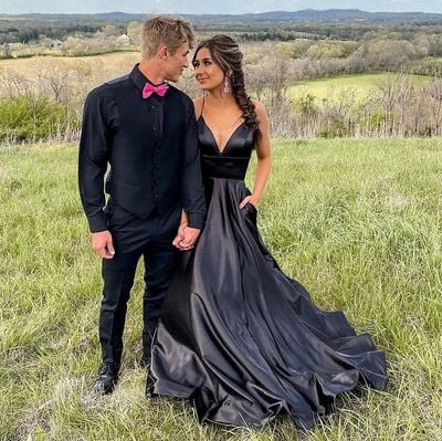 Simple A-Line V Neck Black Satin Long Prom Dresses with Cross Back Evening Dresses