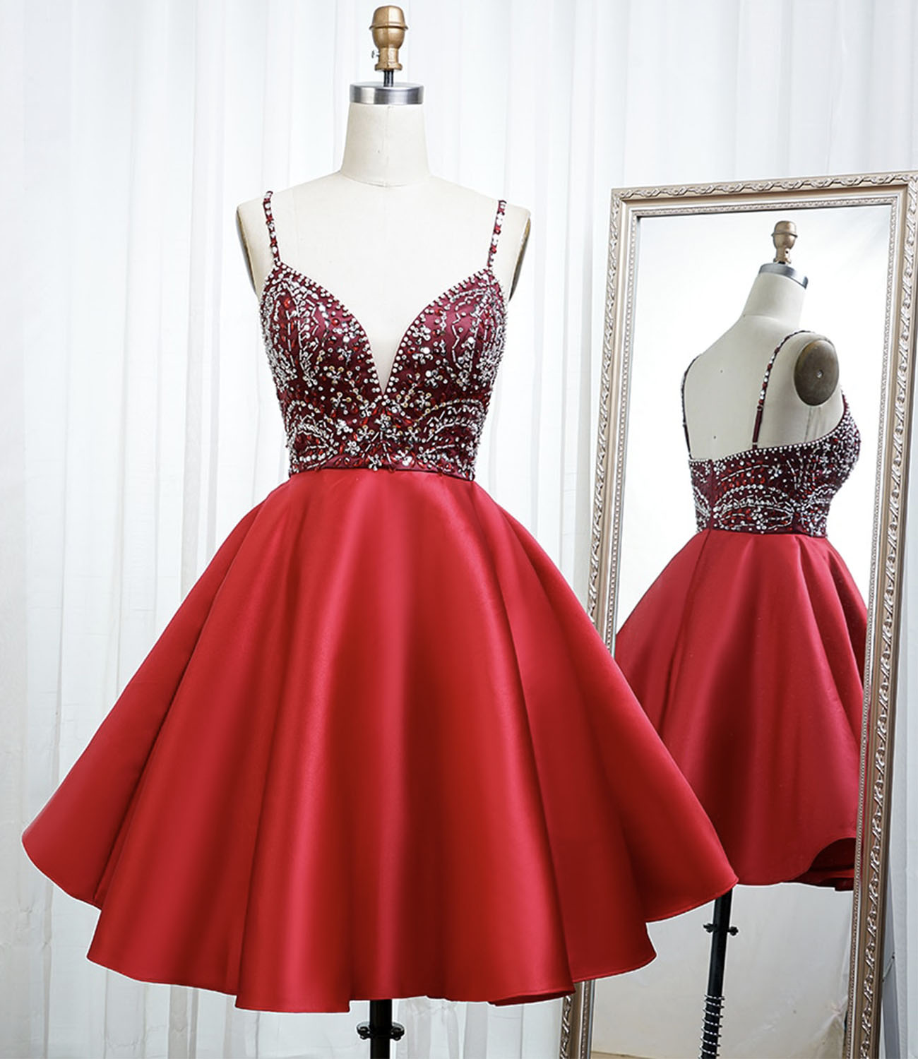 Red satin beads short prom dress A line homecoming dress