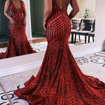 V neck v back prom dresses mermaid - Thumbnail 4