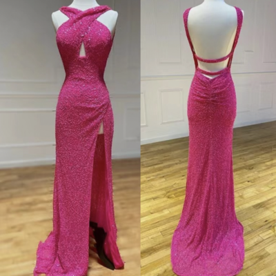 Fuchsia prom dresses mermaid backless - Thumbnail 2