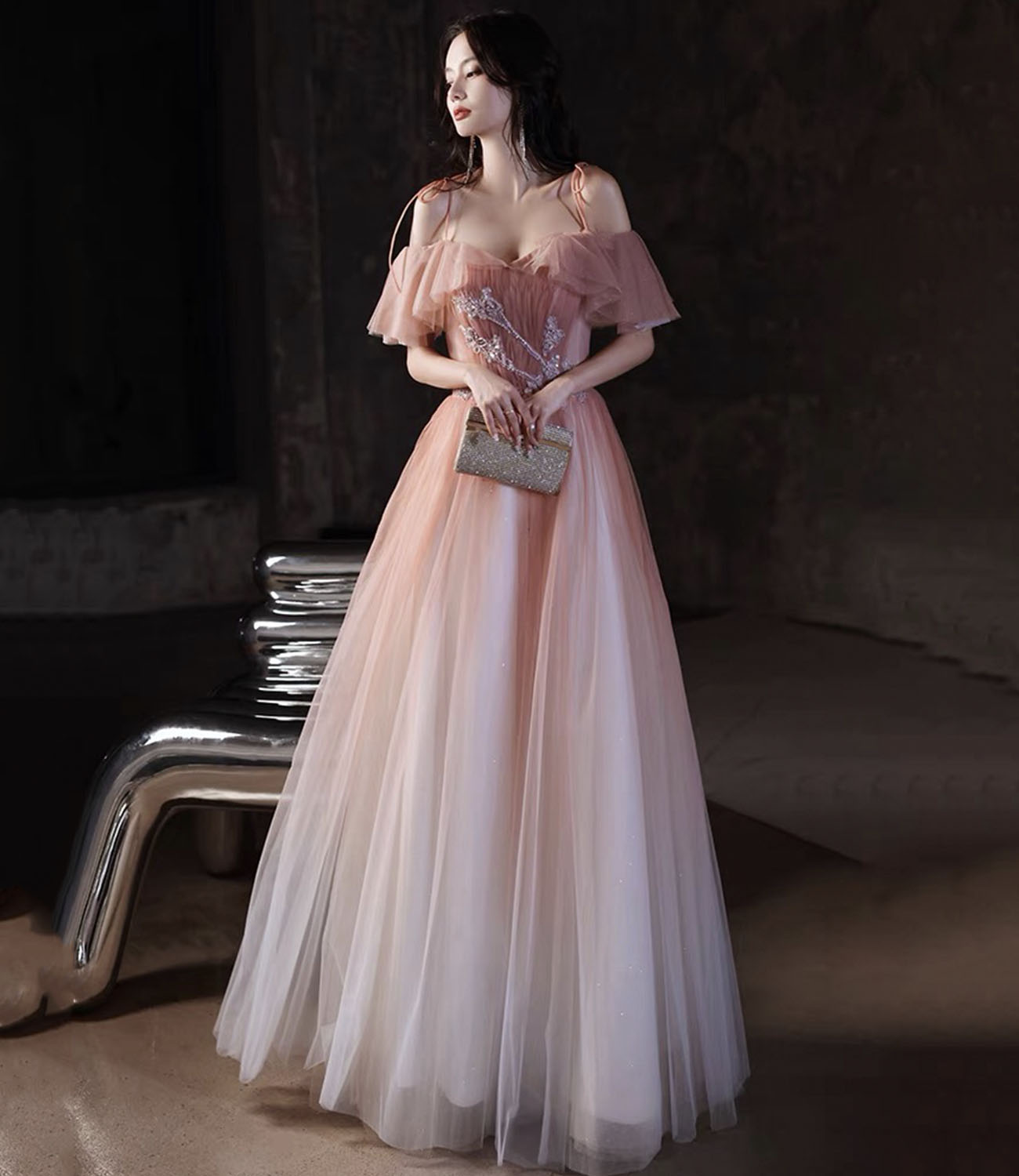 Pink tulle sequins long A line prom dress evening dress