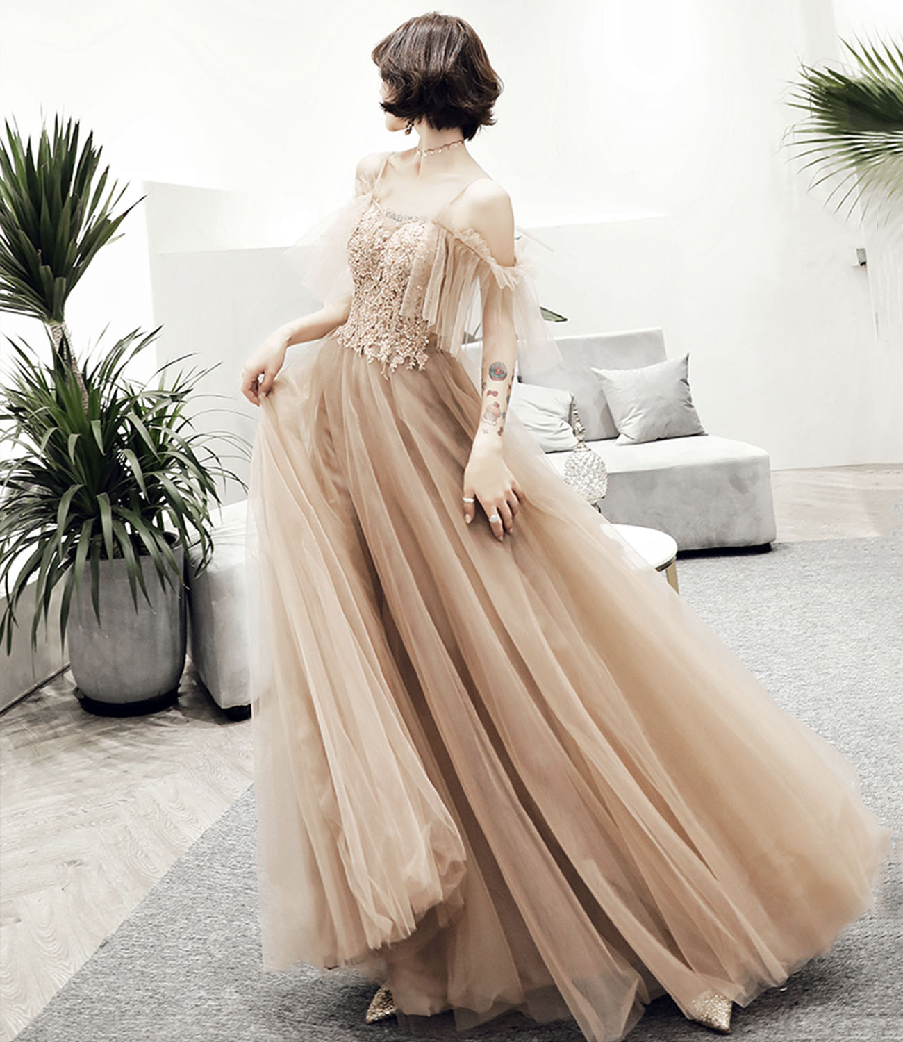 Stylish tulle lace long prom dress A line evening dress