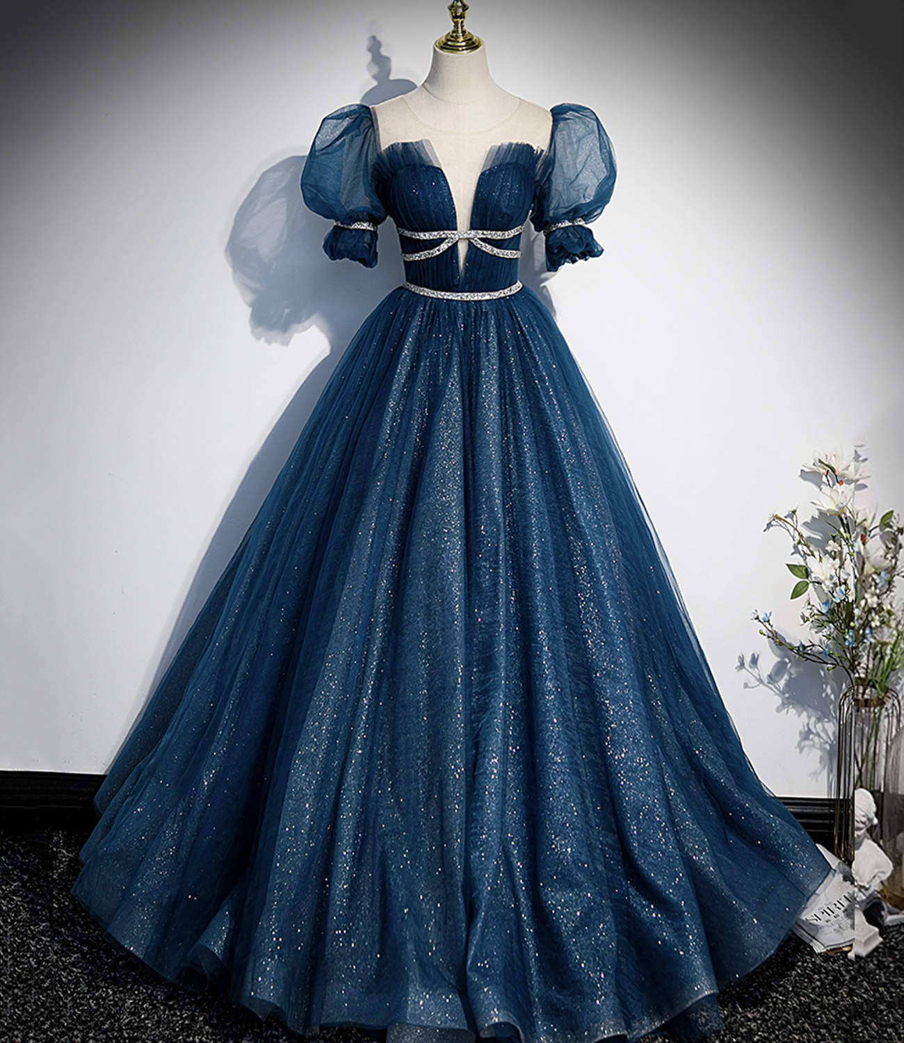 Blue tulle sequins long prom dress A line evening dress