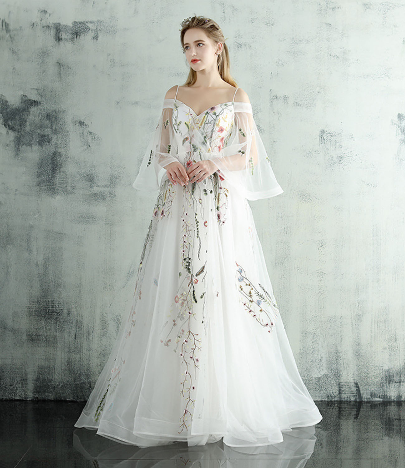 White tulle lace long prom dress A line evening dress