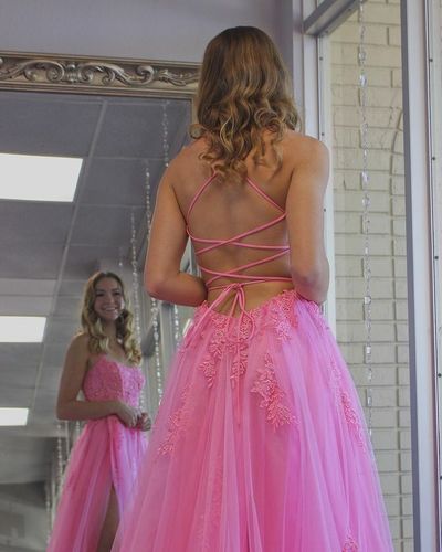 Cute A Line Scoop Neck Straps Pink Lace Prom Dress with Slit