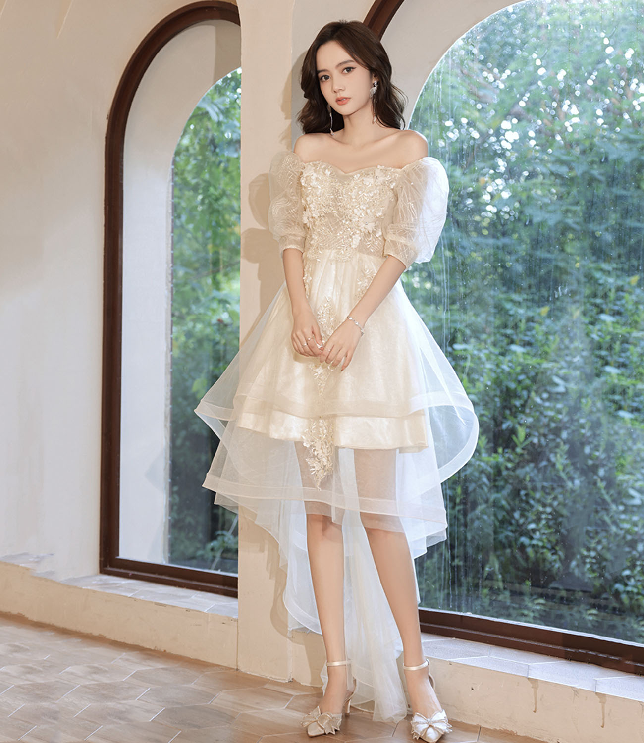 Champagne tulle lace short prom dress homecoming dress