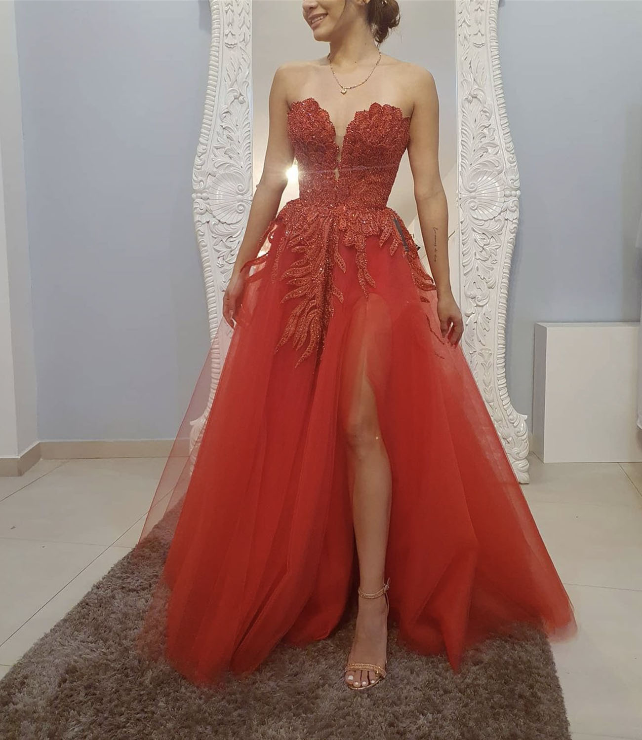 Red tulle sequins long prom dress A line evening dress