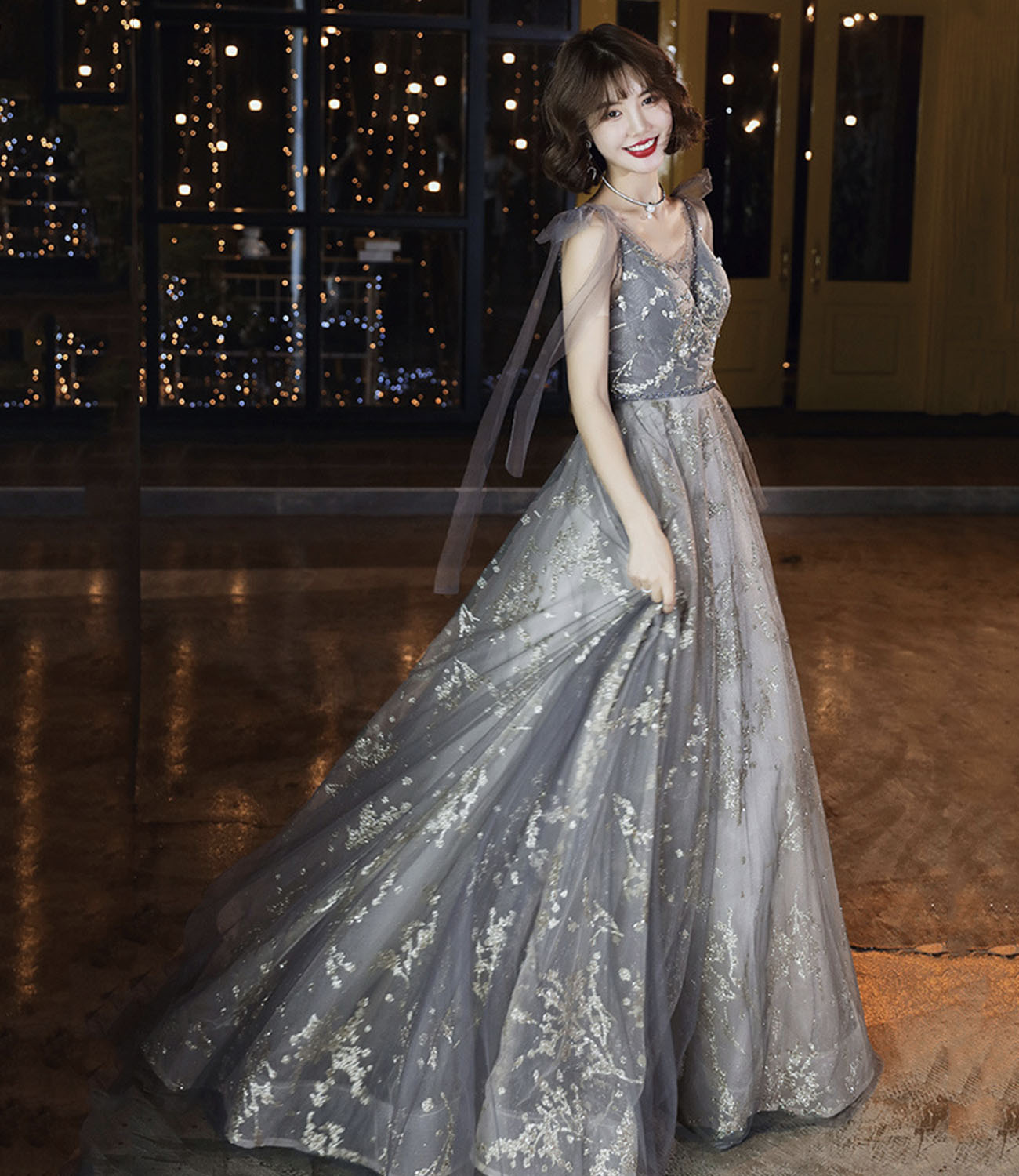 Gray tulle sequins long prom dress A line evening gown