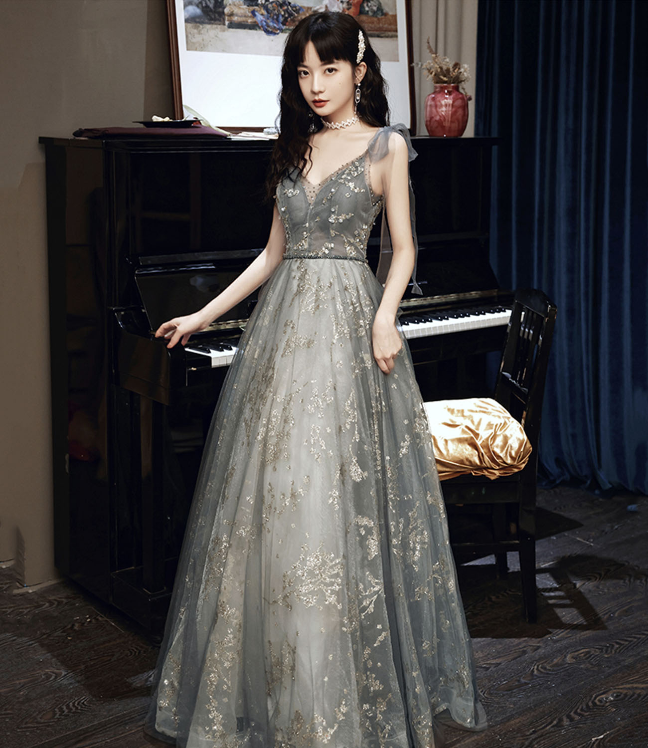 Gray tulle sequins A line prom dress gray evening dress