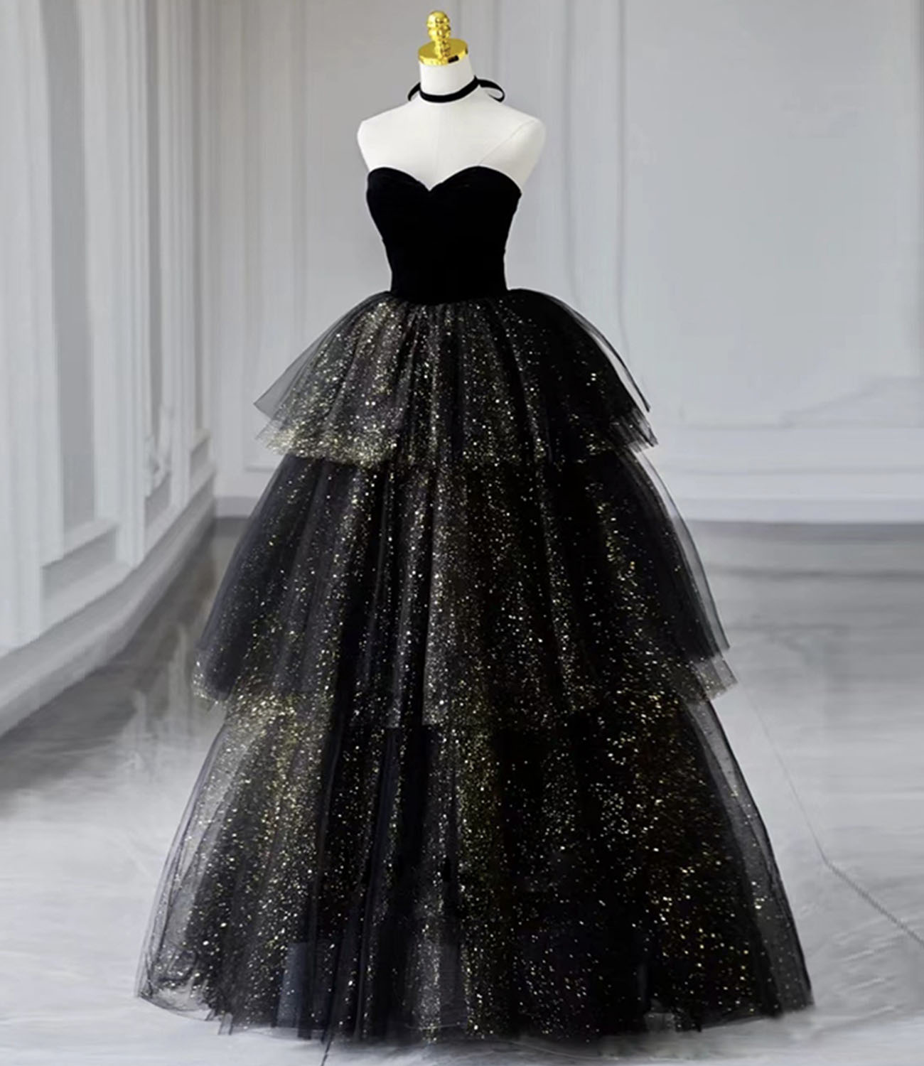 Black velvet tulle long ball gown dress black formal dress