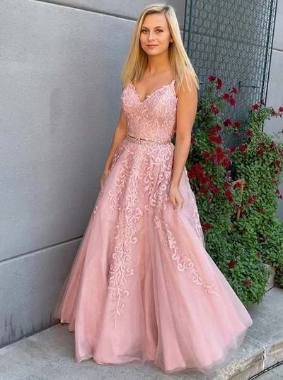 SP1614,Elegant pink evening dress,two pieces applique long prom dresses,spaghetti straps a-line event dress for teen