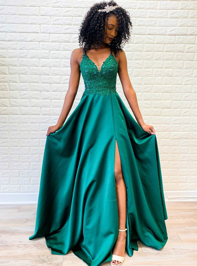 SP1521,Green Spaghetti Straps Long Prom Dresses Applique Beaded Evening Dresses