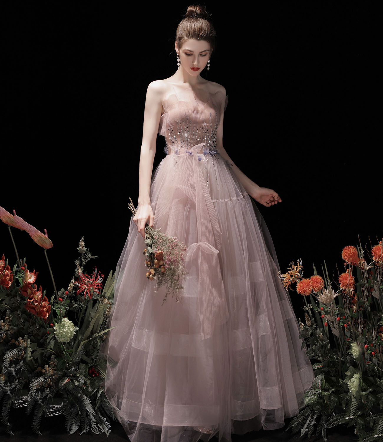 Pink tulle beads long prom dress A line evening dress