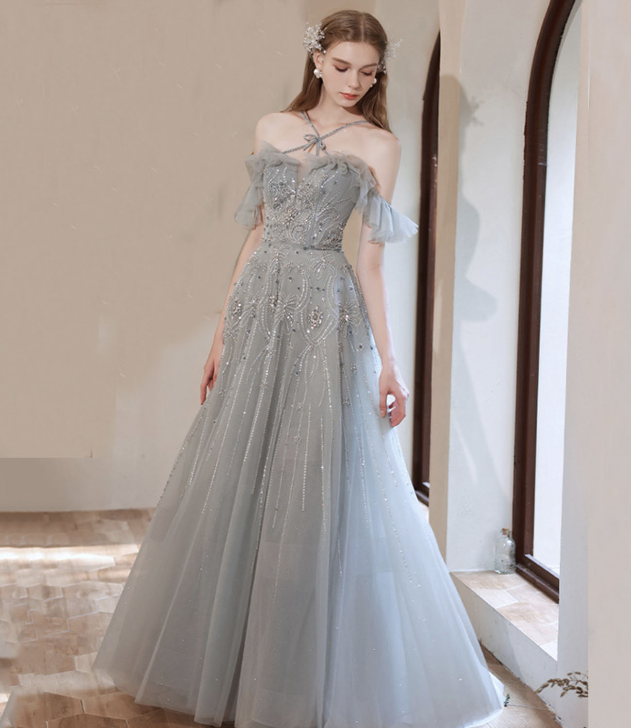 Gray tulle beads long prom dress A line evening dress