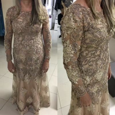Dark champagne mother of the bride dresses with full sleeves - Thumbnail 4