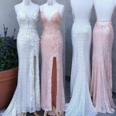 Slit prom dresses spaghetti straps sequins - Thumbnail 2