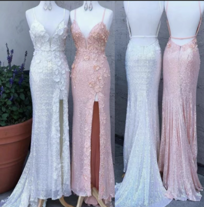 Slit Prom Dresses Spaghetti Straps Sequins