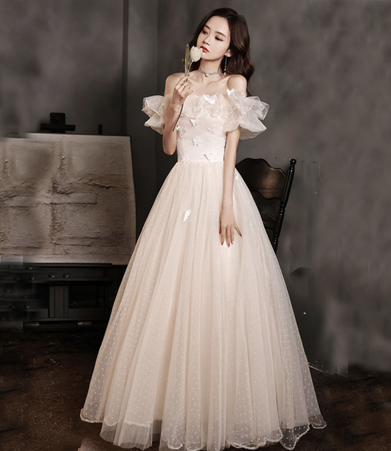 Champagne tulle long prom dress A line evening dress