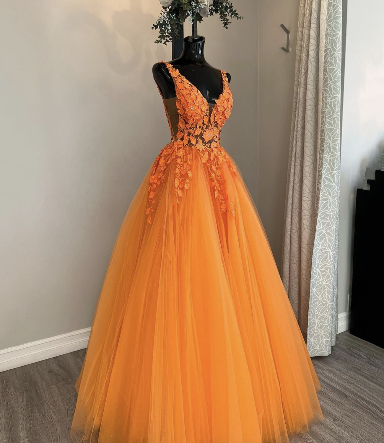 Orange tulle lace long prom dress A line evening gown