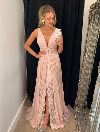 SP1967,Light pink chiffon prom dresses lace evening dress split fashion prom dress