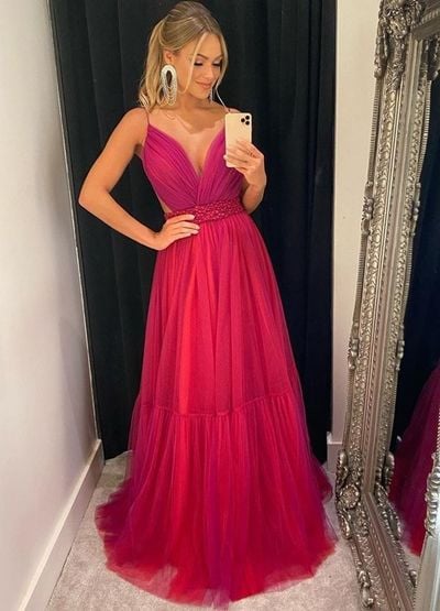 SP1969,Spaghetti straps tulle prom dresses,beaded belt long evening dress