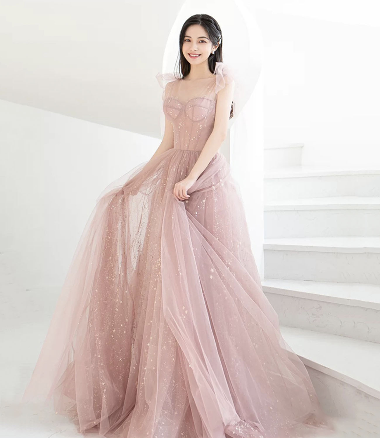 Pink tulle long prom dress A line evening dress