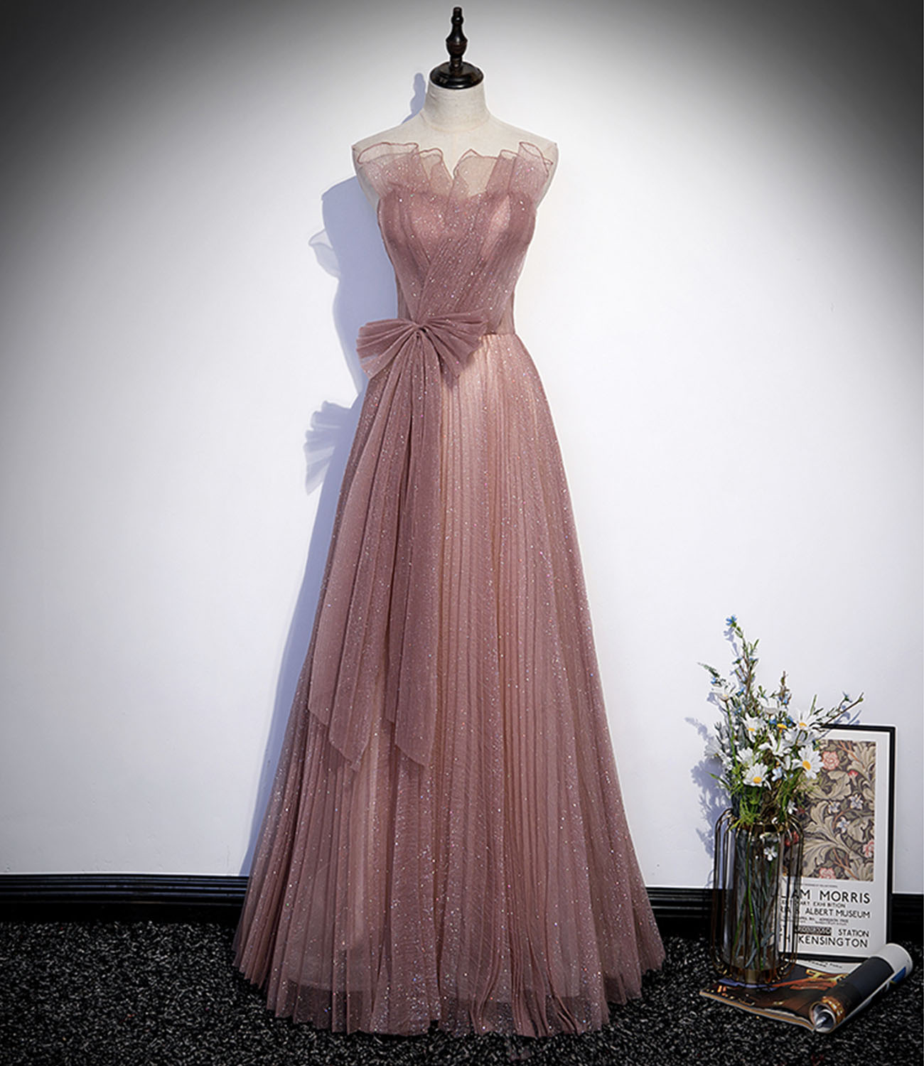 Pink tulle sequins long prom dress A line evening dress